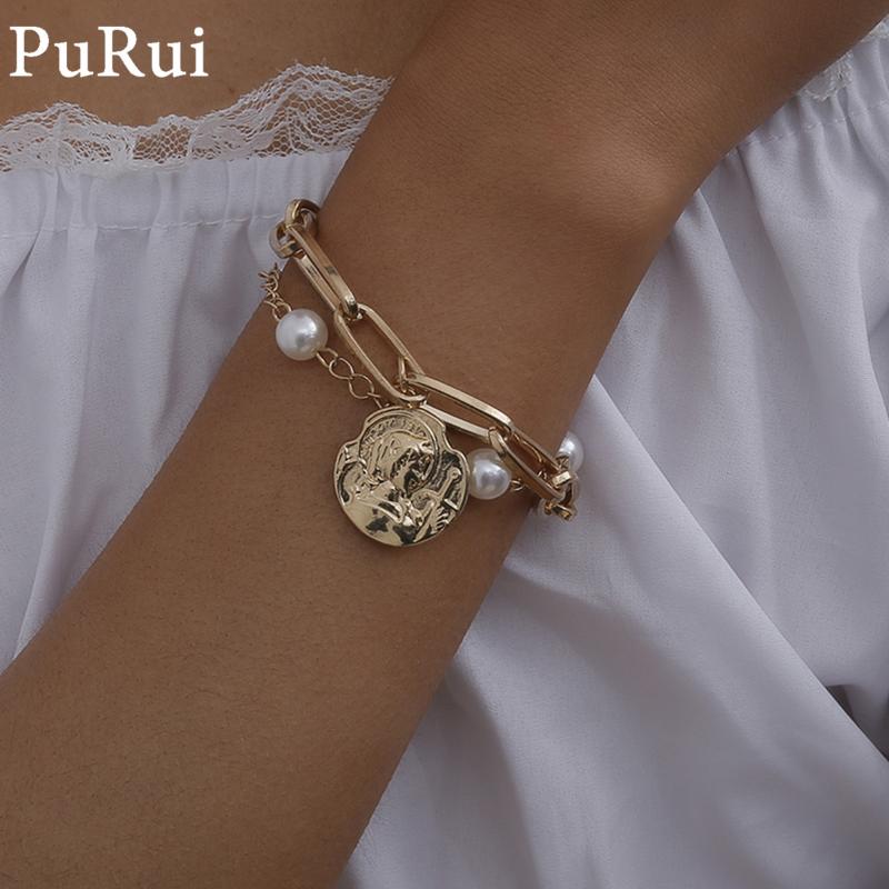 

Link, Chain Purui Punk Imitation Pearl Bracelet For Women Gothic Chunky Charm Cuban Link Chian Bangle Couple Jewelry Gift