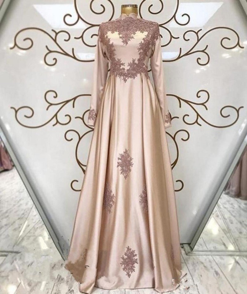 

Elegant Islam Muslim Evening Dresses Long Sleeves High Neck A Line Lace Applique Prom Dress Plus Size Arabic Kaftan Party Gowns 2020, Same as picture-1