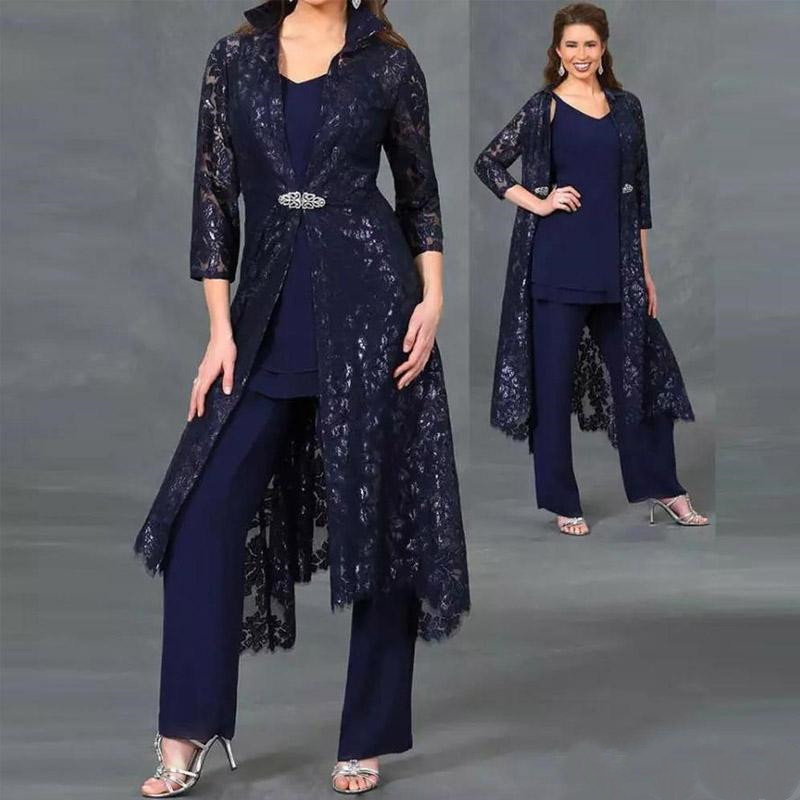 

Navy Blue Three Pieces Mother of the Bride Pant Suits V Neck Lace Jacket Long Sleeve Ladies Outfit Ankle Length Chiffon Suits Sets