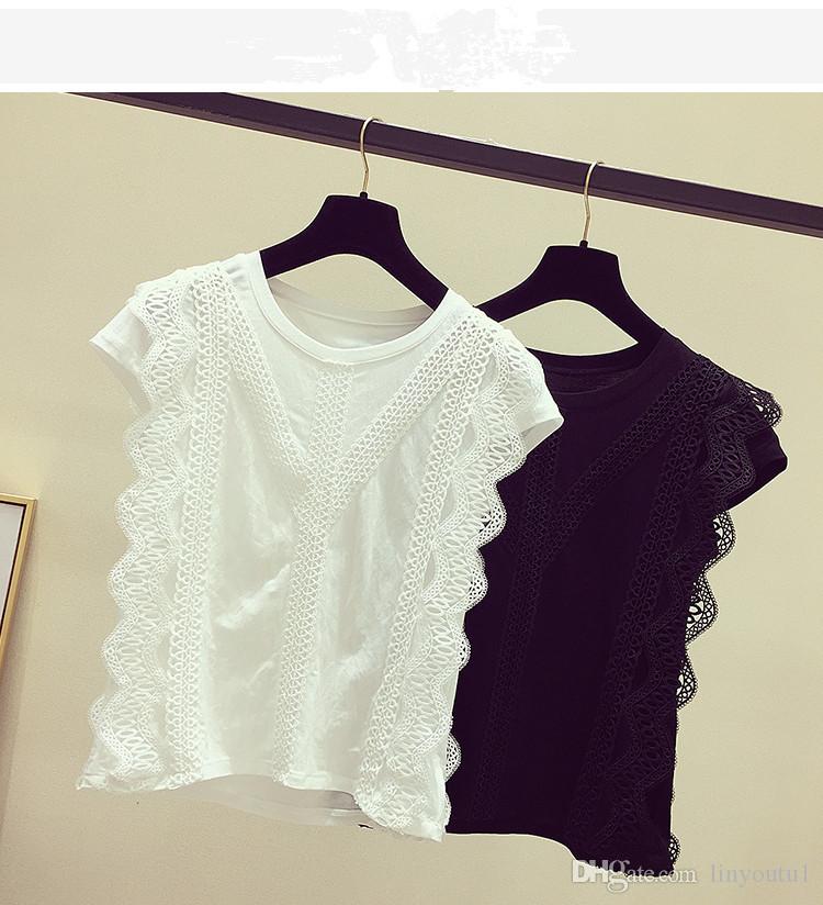 

2020 Blouse Women Casual Shirts summer sleeveless lace Tops white Hollow out blouse womens tops and blouses, Black