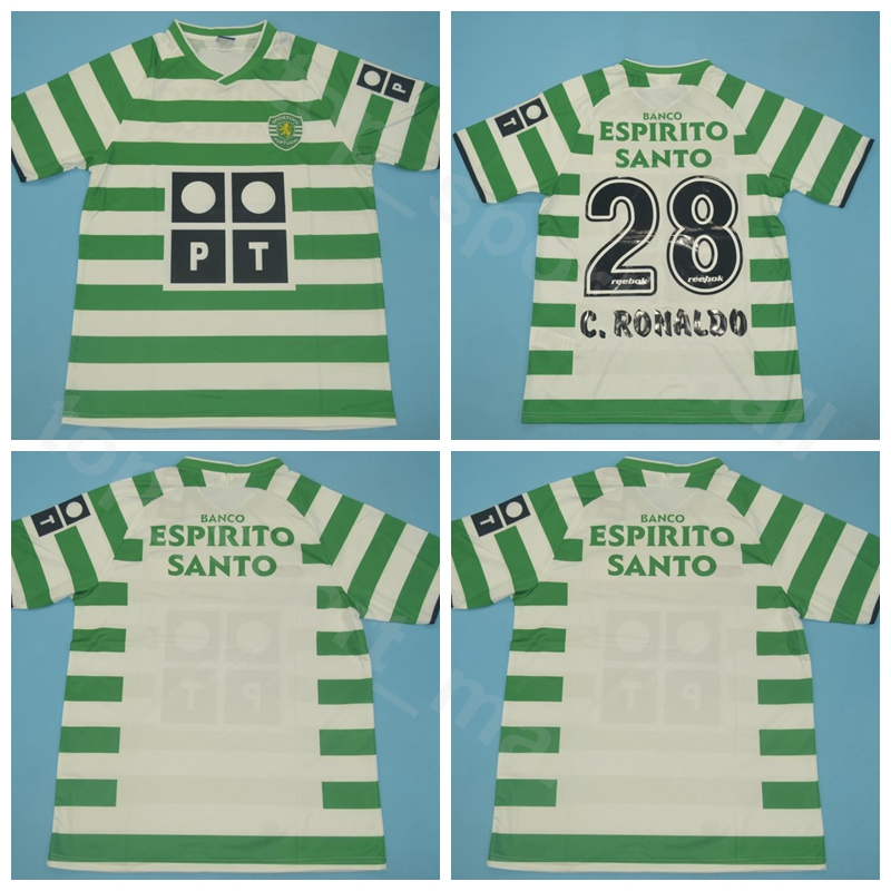 

2003 2004 Sporting CP Lisbon Retro Soccer Jersey Men Cristiano 28 RONALDO Luis Figo Liedson Bento Home Green Football Shirt Kits