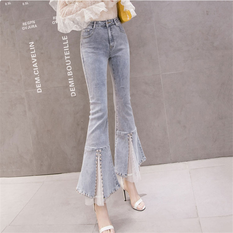 

Real shot 2020 new spring fashion high-waist stretch nine-point jeans were thin Slim cut split flared pants, Photo color
