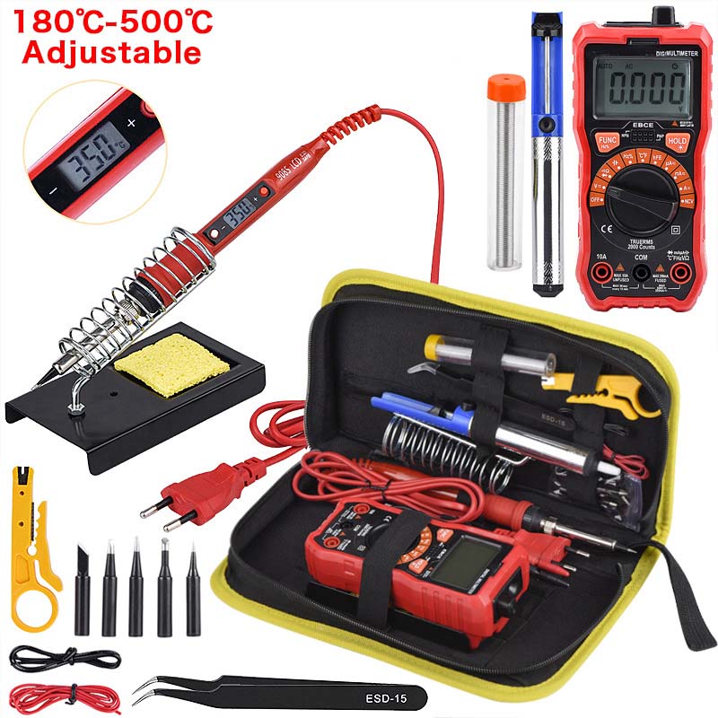 

EU US Plug Adjustable Temperature Soldering iron kits Digital Multimeter Auto Ranging LCD solder iron tips welding rework tools
