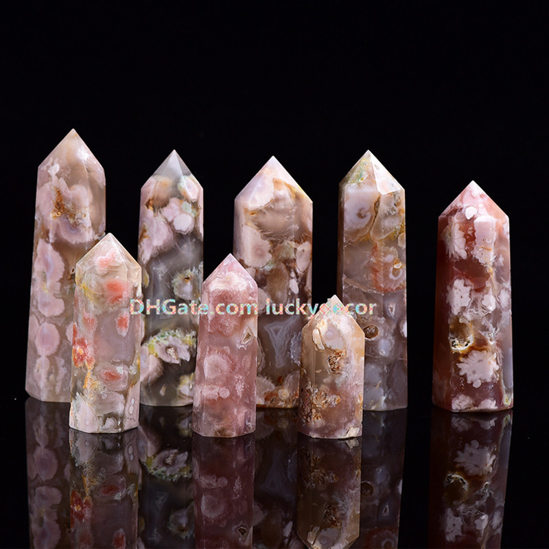 

10Pc Natural Madagascar Snowflake Cherry Blossom Flower Agate Tower Point Column Quartz Crystal Healing Sakura Agate Wand Obelisk Collection