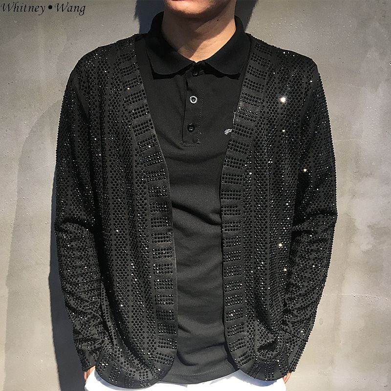 

WHITNEY WANG 2019 Autumn Fashion Streetwear Rhinestone Jacket Men Open Stitch Thin Coat, Black