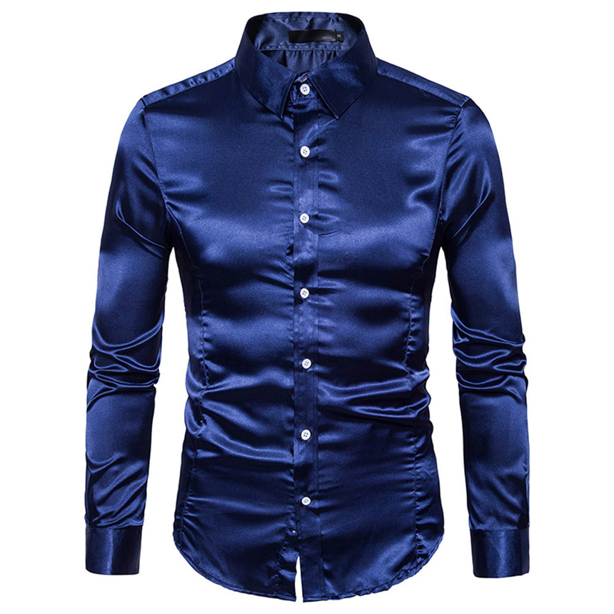 

KLV Shirts Men Fashion Personality Men's Casual Slim Long-sleeved Shirt Soild Shirts Smart Casual Men Clothes, Blue