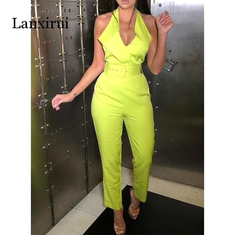 

Belted halter jumpsuit for women Sleeveless high waist pants long jumpsuits Sexy v neck rompers bodysuit womens overalls, Pink