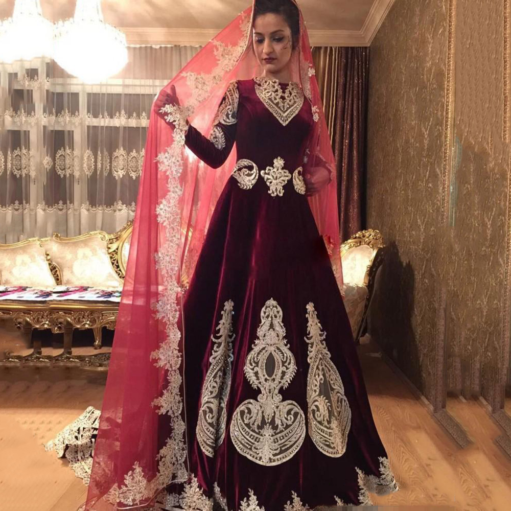 

Burdundy Velvet Prom Dresses Muslim Evening Party Gown Long Sleeves Vestido Applique Arbric Beads Formal Evening Dress, Red