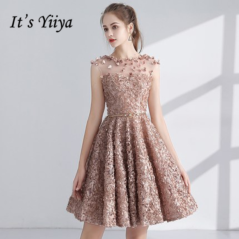 

Party Dresses It's YiiYa Cocktail Dress 2021 Sleeveless Appliques Flower Illusion Fashion Designer Elegant Short Gowns LX1063, Khaki