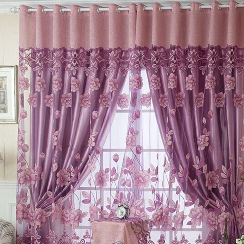 

Drape Panel Sheer Scarf Valances Curtain Romantic Floral Tulle Voile Curtain Home Door Window Curtains, Light purple