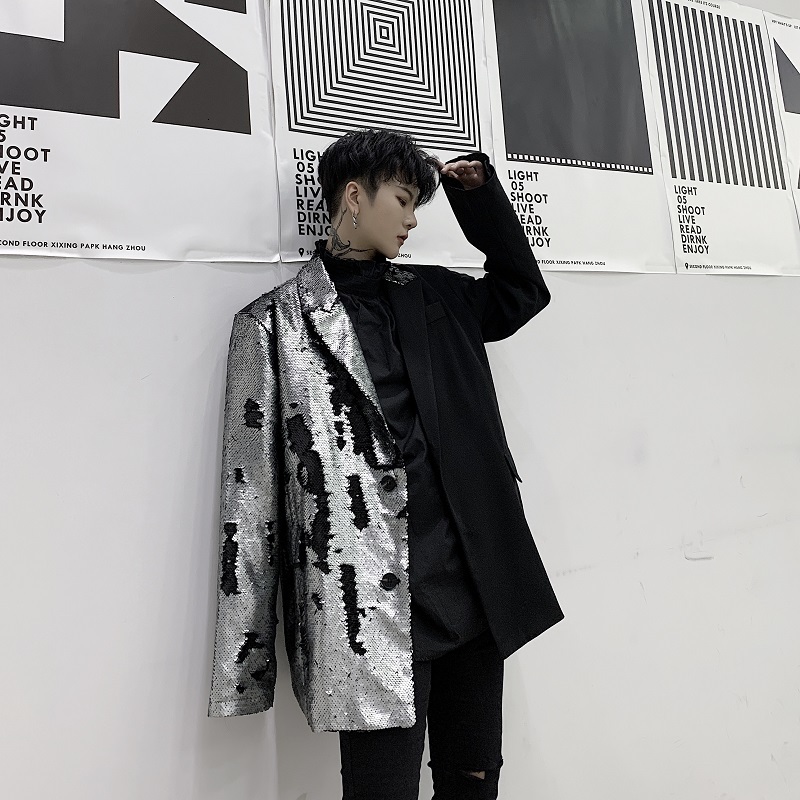 

Nice Autumn And Winter Original Sequin Stitching Contrast Color Suit Fashion Casual Jacket Coat Trend Black -XL