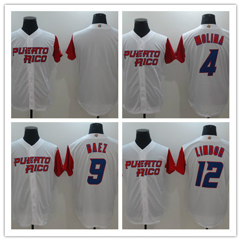 

Men 2017 World Baseball Classic Jersey Puerto Rico #12 Francisco Lindo #9 Javier Baez #4 Yadier Molina WBC Baseball Jersey S-3XL, Blank