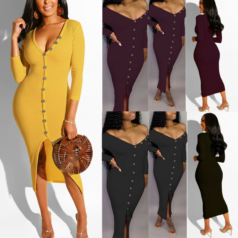 

Women' Sexy Bodycon Dress Deep V-Neck Off Shoulder Long Sleeve Button Cocktail Party, Black