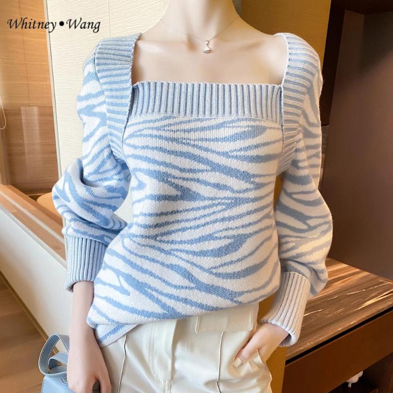 

WHITNEY WANG Sweaters 2020 Autumn Fashion Streetwear Pattern Blend Wool Sweater Women jumper pull femme, Sky blue