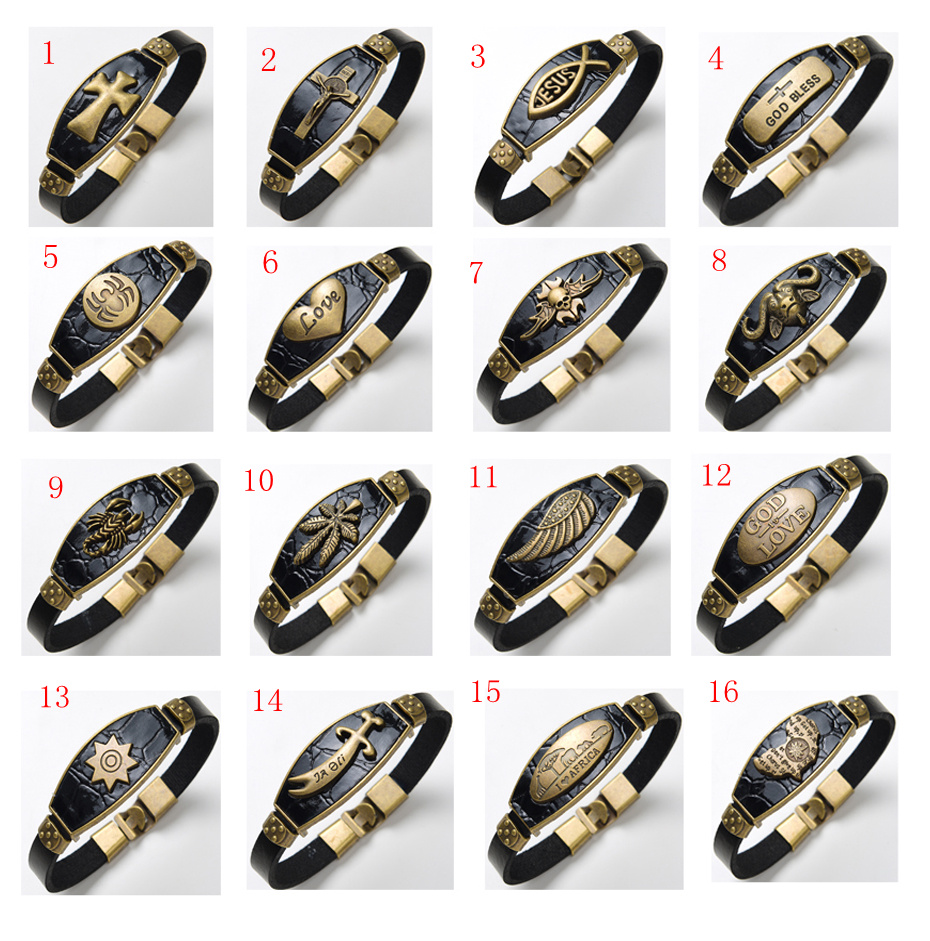 

Genuine leather Jesus Cross Wing Skull Scorpion Love Spider Ety Style Charm Bracelets Black Brown You Can Choose Any Color And Style