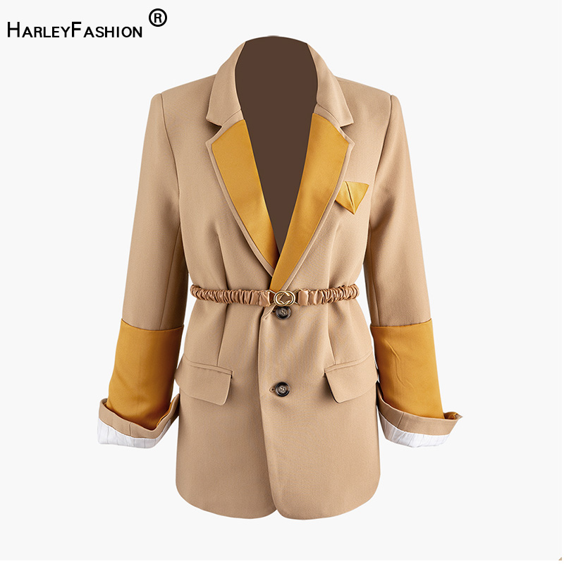 

HarleyFashion High Quality European High Street Stylish Patchwork Collar Solid Khaki Designing Blazer with Belt