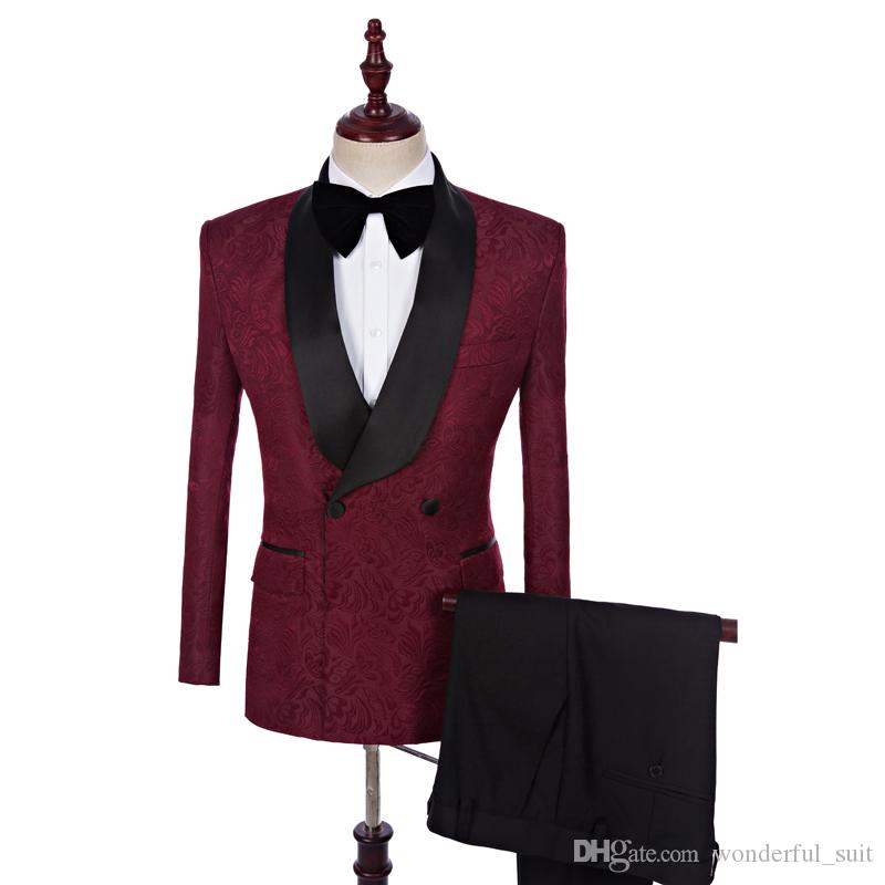 

New Style Burgundy Jacquard Black Pants Groom Tuxedos Shawl Lapel Men Suits Wedding Best Man Blazer (Jacket+Pants+Tie C689, White