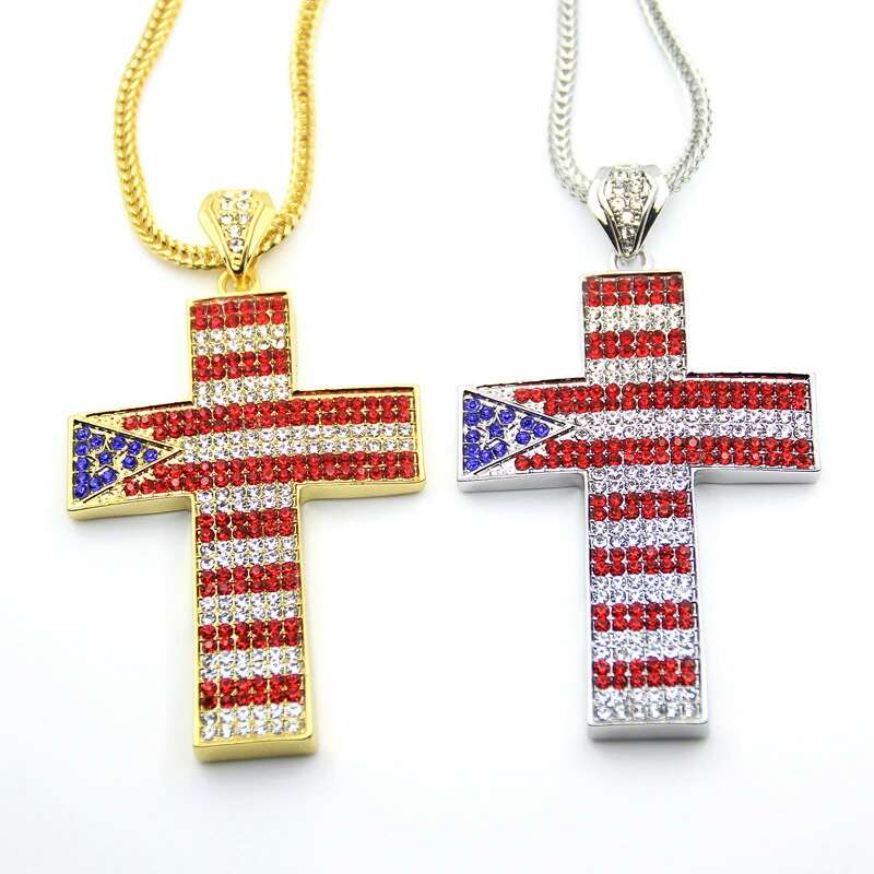 

hip hop the Stars and Stripes cross diamonds pendant necklaces for men Religious luxury necklace Stainless steel Cuban chain Christian, Silver