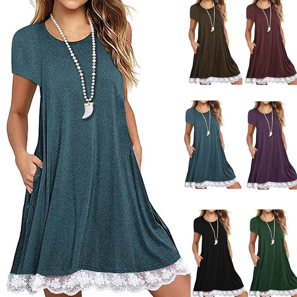 Robe tunique en dentelle à manches courtes pour femmes robe t-shirt d'été avec poches robes de chemisier lâche