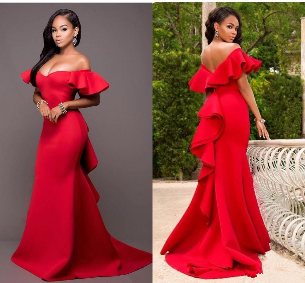 

Gorgeous Red Mermaid Bridesmaids Dresses Off the Shoulder Backless Maid of Honor Floor Length Satin Wedding Party Dress Plus Size Z74