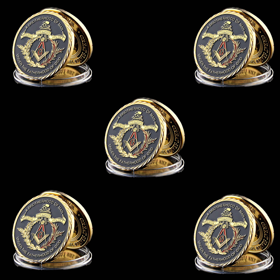 5pcs Souvenir Coin European Brotherhood Masonic Freemasonry Craft 1oz Gold Plated Collectible Badge Token Physical Box-image-522006705