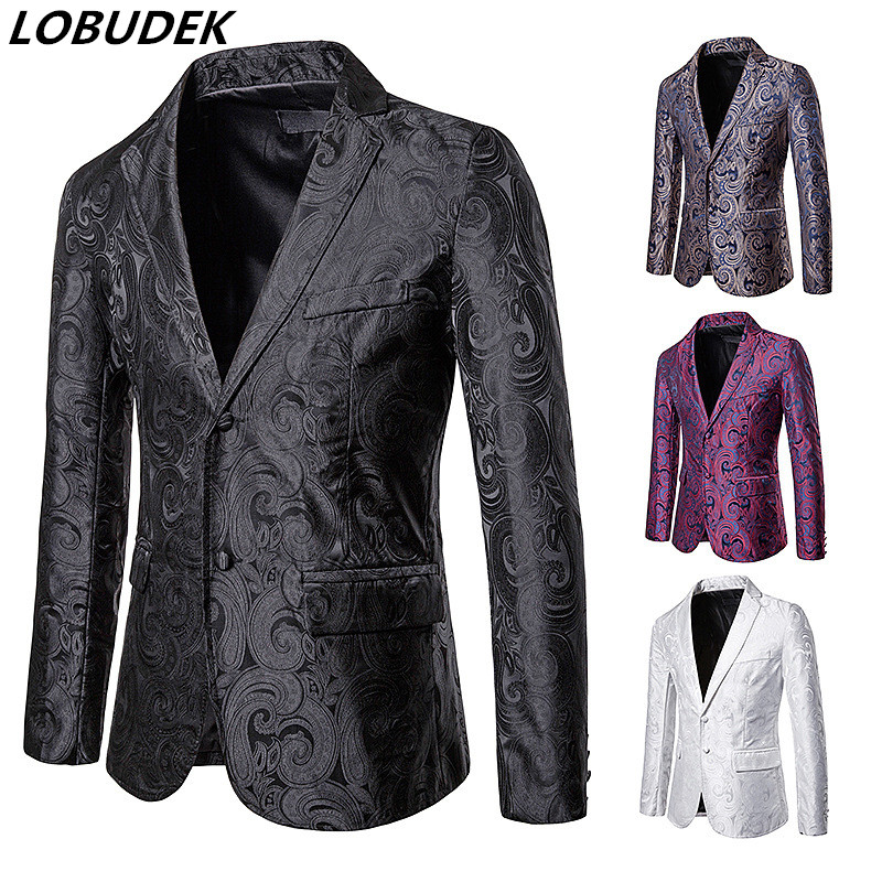 

Thin Tuxedo Blazer For Male Singer Costume Men Black 4 Colors Jacquard Blazers Vintage Pattern Male Business Office Casual Coat, White