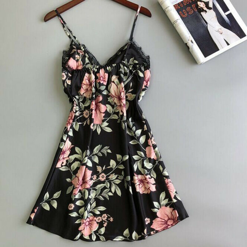 

Sexy Nightgown For Women Lace Sleepwear Skirt Silk Nightgown VNeck Sleeveless Padded Floral Print Nightdress Ladies Nightwear, Black