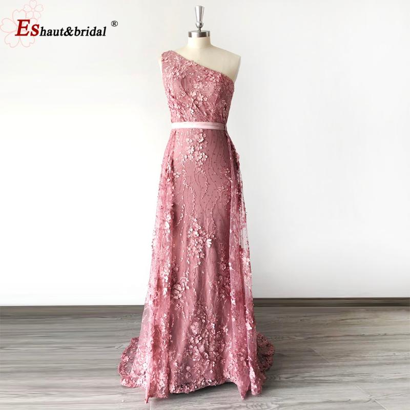 

Full Lace Evening Dress 2020 Handmade Flowers Pearls One-Shoulder with Detachable Train Sexy Luxury Formal Party Gowns, Silver
