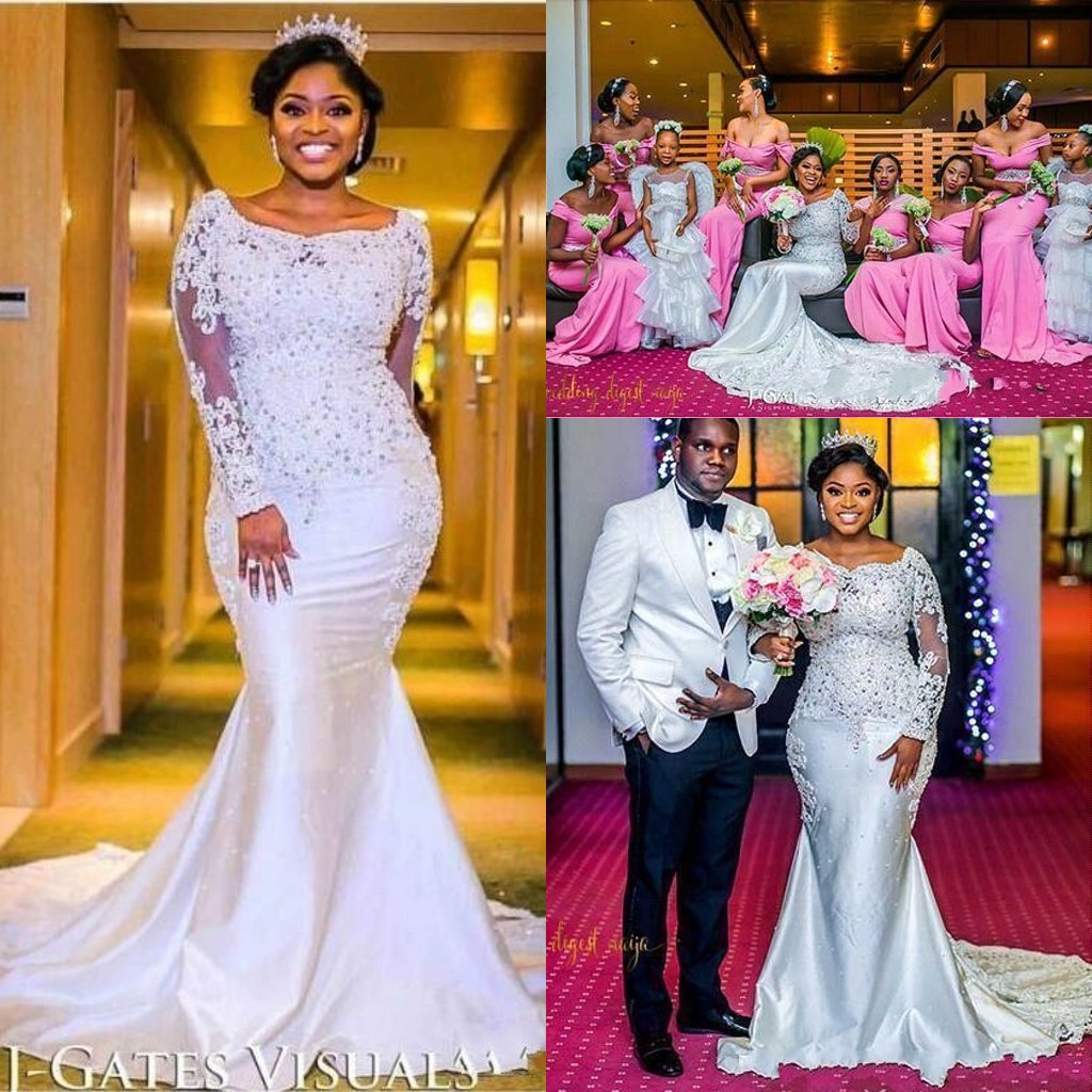 

Nigerian Mermaid Wedding Dresses 20 Sweetheart Beaded Lace Appliqued Long Sleeves Chapel Train Length African Black Girl Bridal Gowns BA9464, White