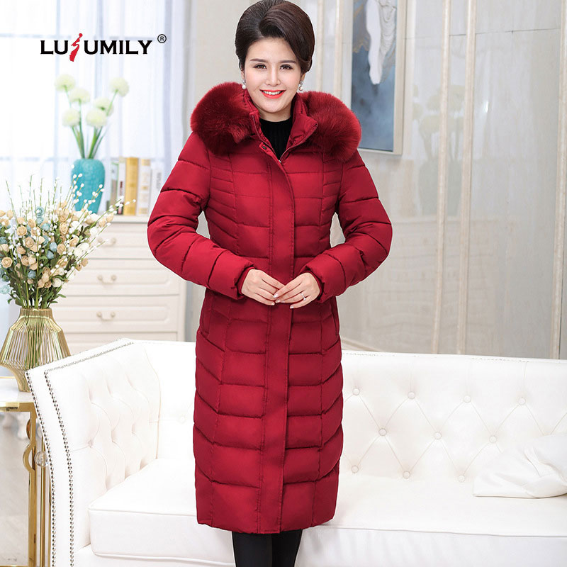 

Lusumily Hight-quality New Arrivals Women Long Parkas Mother Winter Jackets Hooded Fur Collar Plus Size 7XL Warm Padded Coats, Red