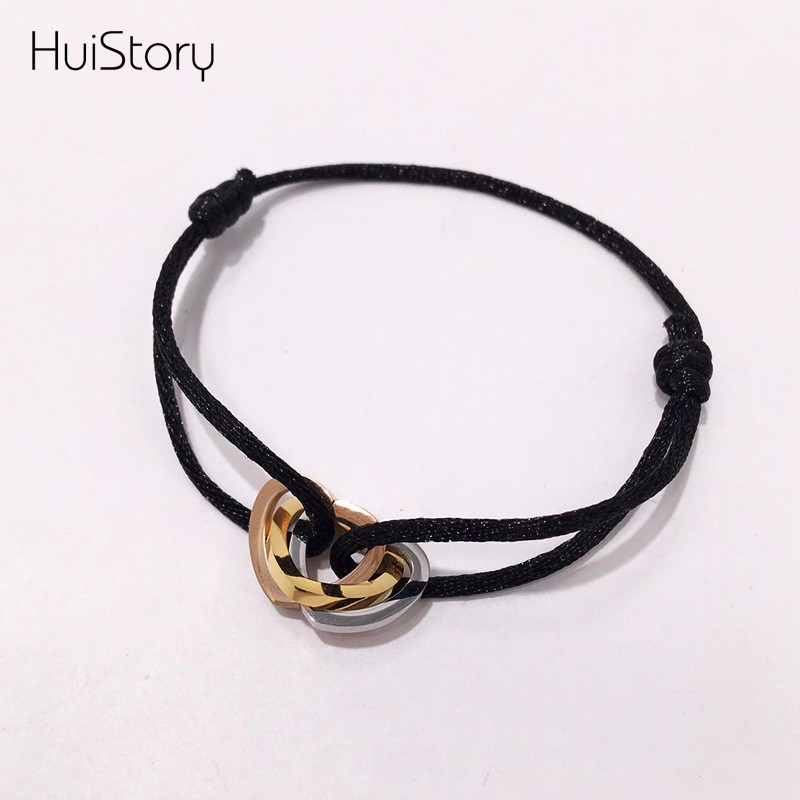 

HUISTORY Stainless Steel Three Color Hollow Three Heart bracelets&bangles Handmade Couple Rope Multicolor Bracelets For Women