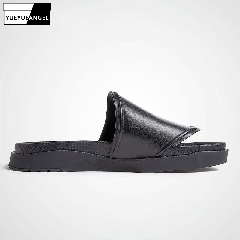 

High Quality Men Platform Slippers 100% Genuine Leather Outdoor Black Casual Slides Sandals Non-Slip Summer Beach Slippers