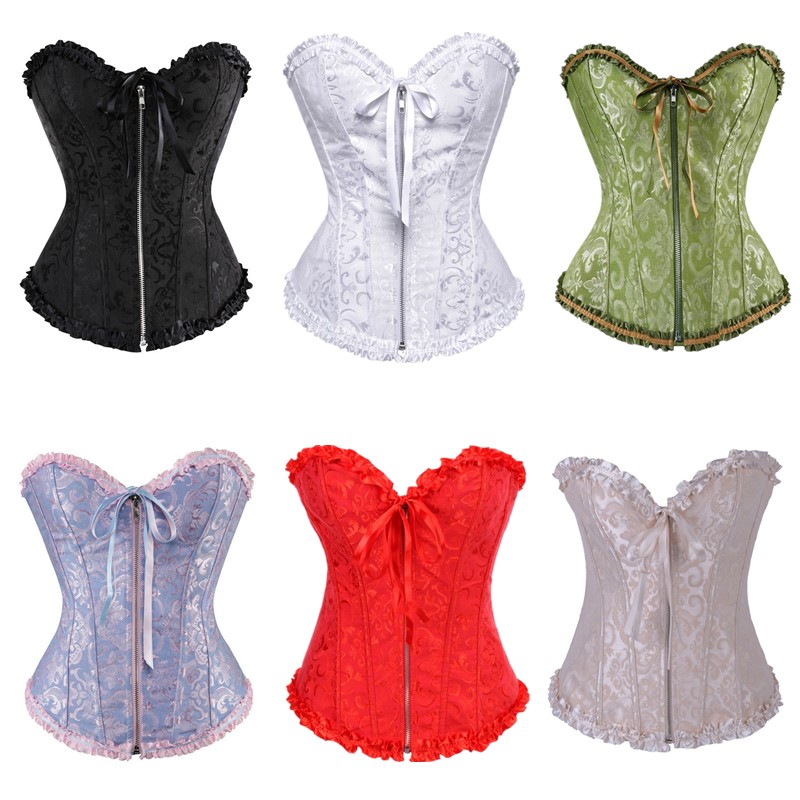 

Frill Jacquard Brocade Corset Wholesale Plus size Zipper Lace up Back Women Ribbon Floral Embroidery Overbust Sexy Dance Corse Bustier, Red white