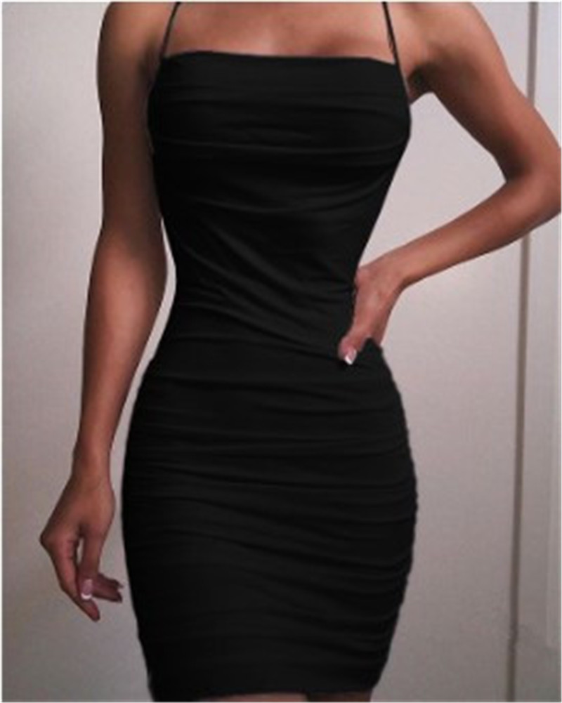 Womens Desinger Pleated Bodycon Dresses Spaghetti Strap Sleeveless Camisole Casual Pencil Dresses Female Sexy Summer Clothes