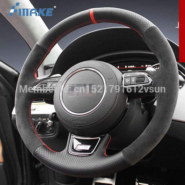 For Audi S8 High Quality Hand-stitched Anti-Slip Black Leather Black Suede Red Thread DIY Steering Wheel Cover-image-444134480