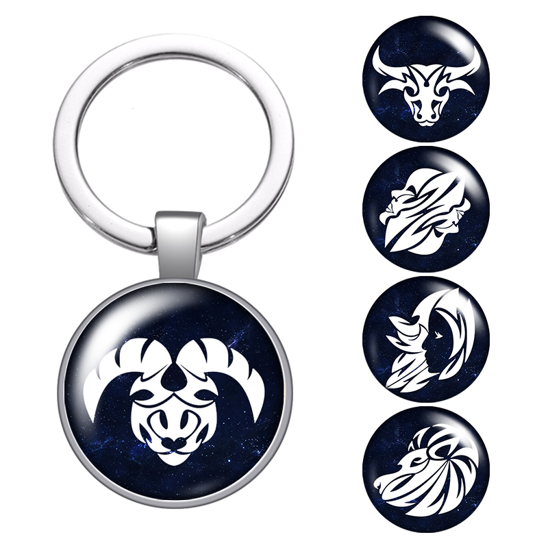 

12 Constellations Symbol Glass Cabochon Keychain Bag Key Chain Ring Holder Charms Silver Keychains For Men Women Gifts