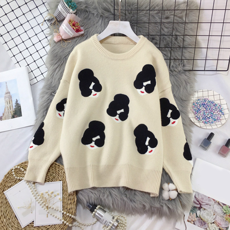 

2020 Winter Knitted O-Neck Print Women's Sweaters Cartoon Human Avatar Loose Female Pullovers Fashion Warm School Ladies Sweater, Beige