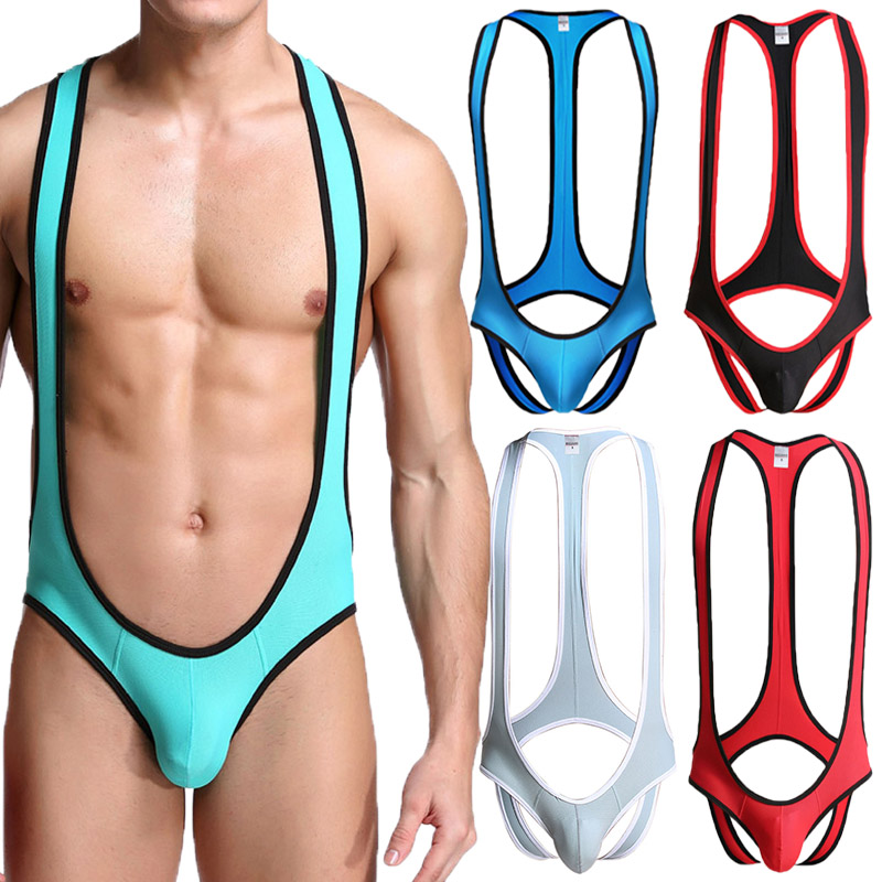 

Men Sexy Bodysuits Jock Strap Lingerie Mesh Undershirts Breathable Wrestling Singlet Erotic Open BuGay Jumpsuits Underwear, Blue
