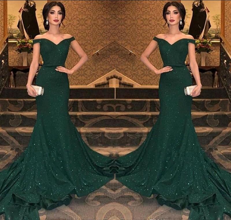 

2019 Newest Arabic Dark Green Sequined Mermaid Evening Dresses Off The Shoulder Ruched Floor Length Evening Prom Gowns Party Dress, Gray