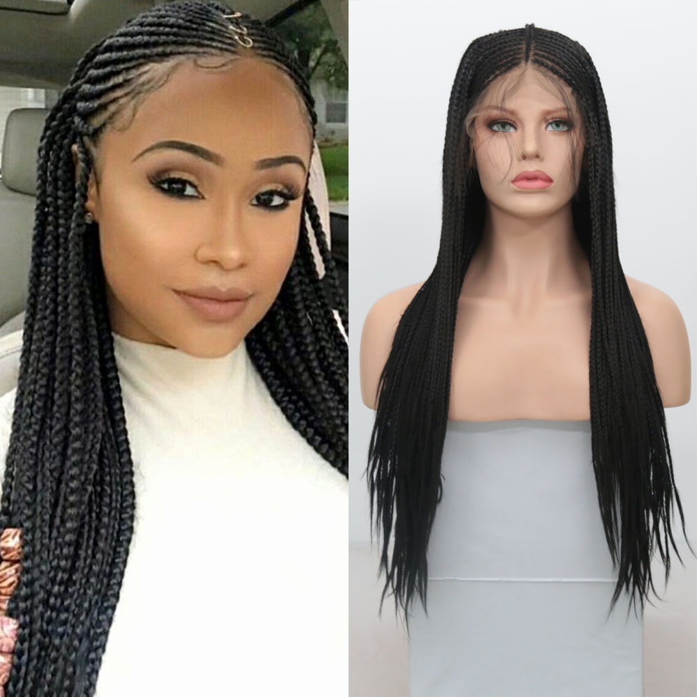 Black Micro Box Braided Synthetic Lace Front Wigs With Baby Hair