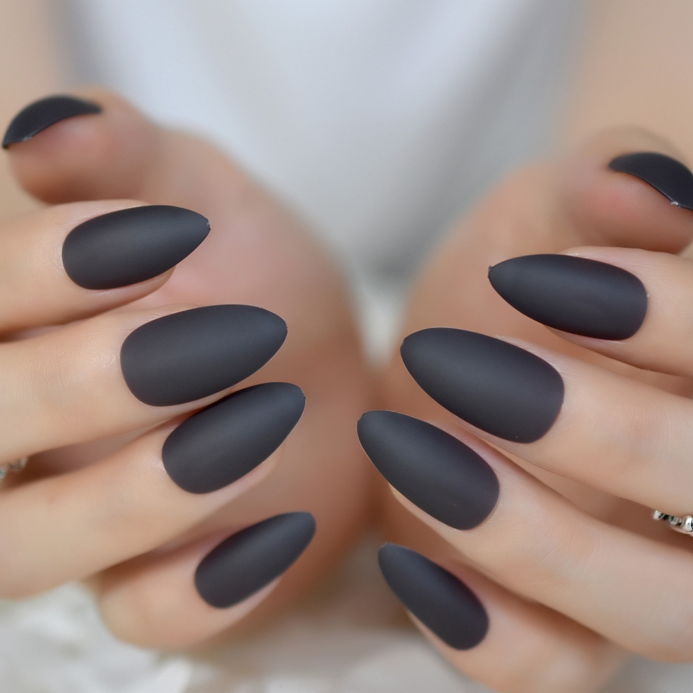 

Black Gray Grey Matte Stiletto Frosted False Fake Nail Tips Oval Sharp Pointed Full Cover Artificial Manicure Salon Nails, Beige