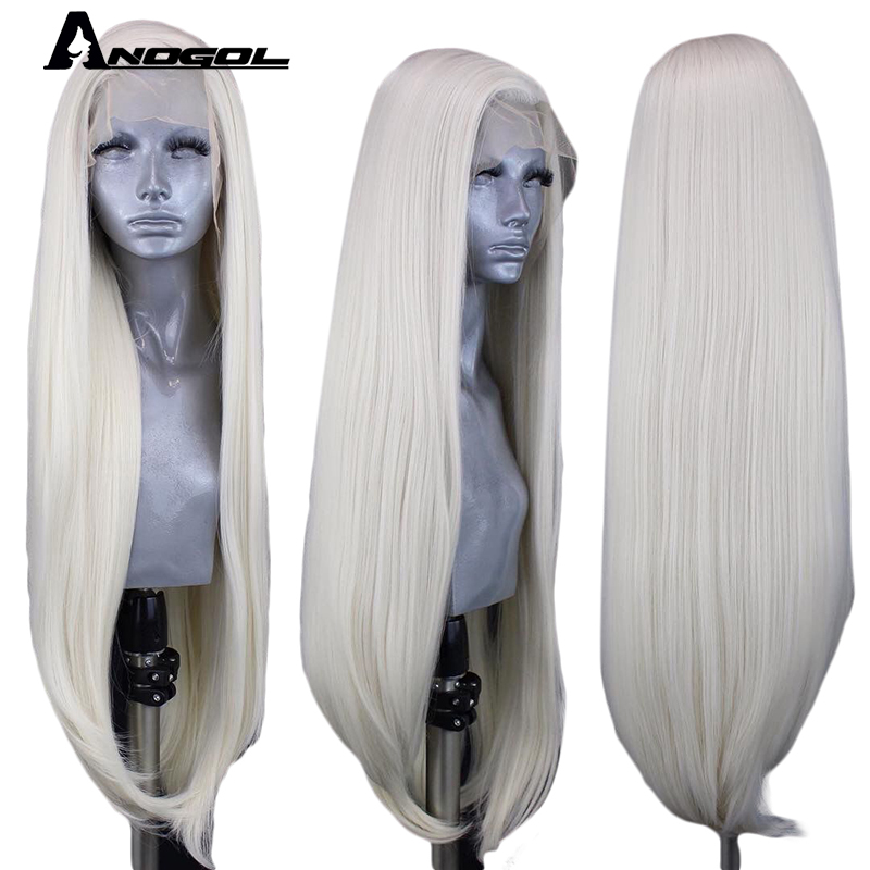 

Anogol Free Part High Temperature Fiber Natural Long Straight Platinum Blonde Ombre Red Synthetic Lace Front Wig for Women, G1901636