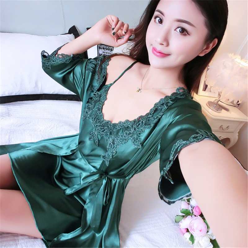 

Nightgown suit rayon solid color spring and autumn pajamas female sense nightgown was thin 2PC nightdress home service pijamas, Pink