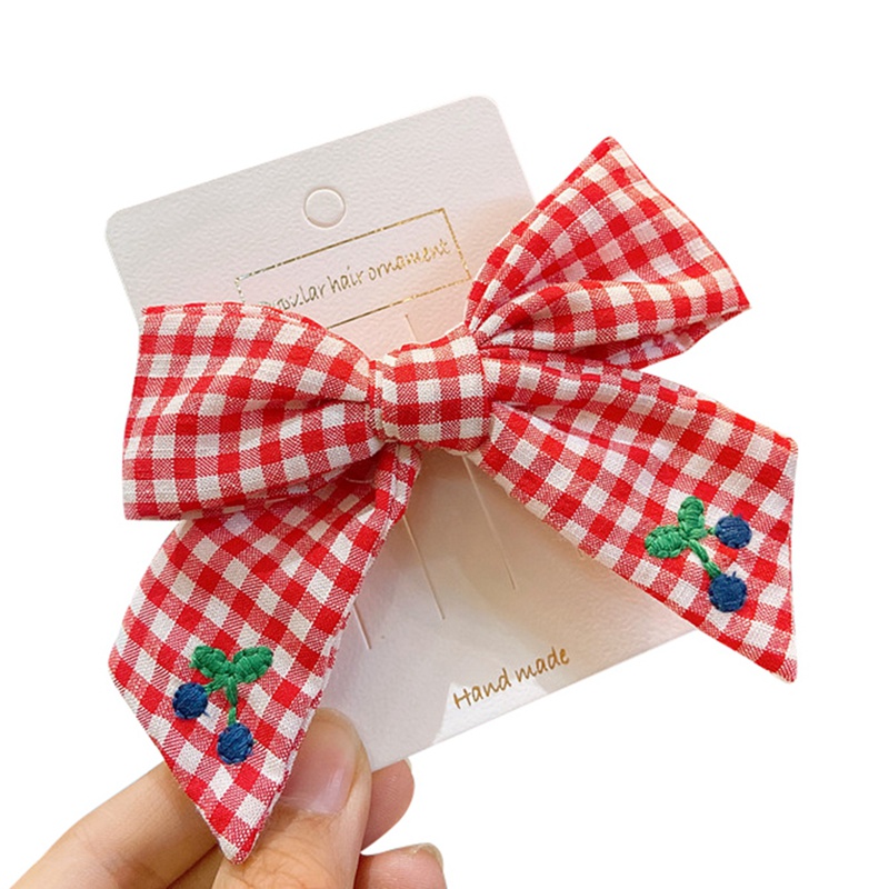 

Girls Summer Wild Embroidery Handmade Fruits Cherry Bow Check Bangs Clip Bb Clip Hair Accessories Hairpin For Kids Headband, Red
