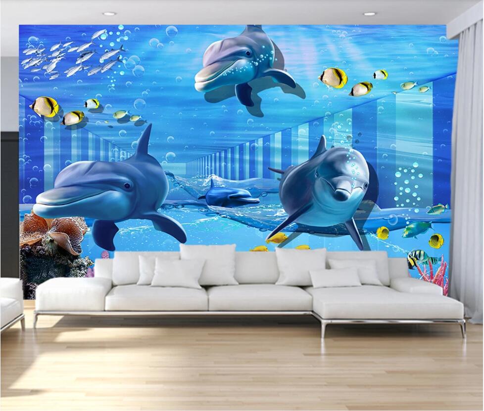 

WDBH 3d wallpaer custom photo Dolphins in the underwater world space corridor 3d wall murals wallpaper for walls 3 d room home decor, Non-woven wallpaper