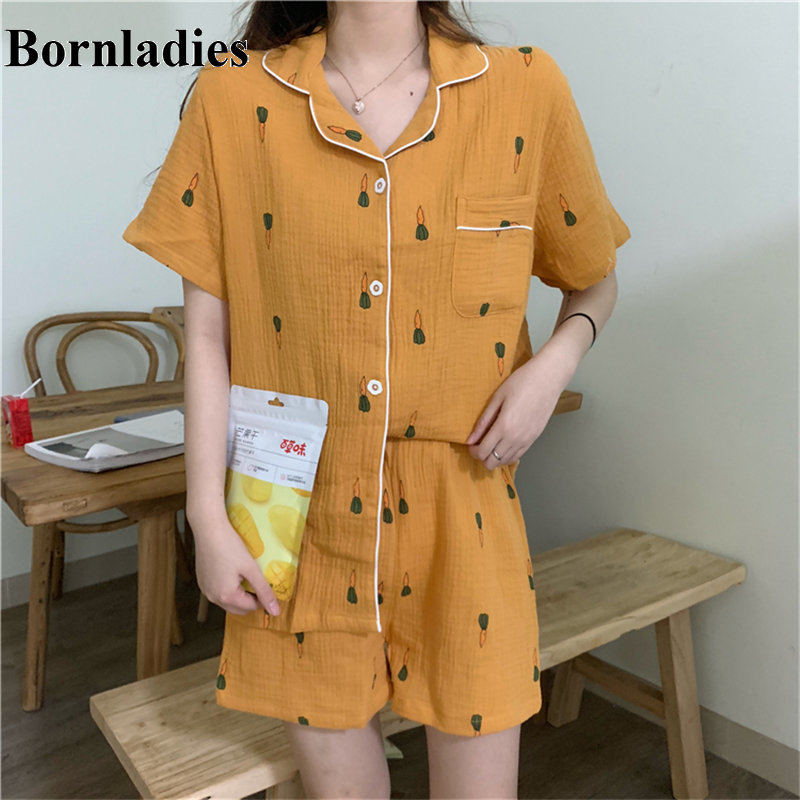 

Bornladies Carrot Printed Girls Chic Summer 2020 Pajamas Suits Casual Cute Fresh Home Clothes Sweet All Match Loose Sleepwear, Orange