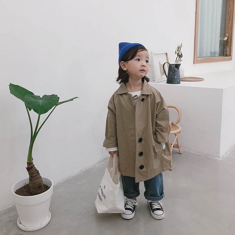

Korean style boys girls solid color oversized long trench kids cotton casual single-breasted jackets coats, Khaki