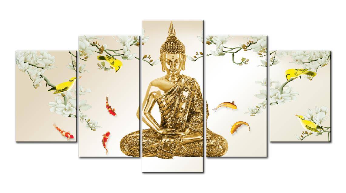 

Modern Decor Living Room Wall Art 5 Pcs Buddha And Fish White Flowers Paintings Poster Modular Pictures Canvas HD Print No Frame