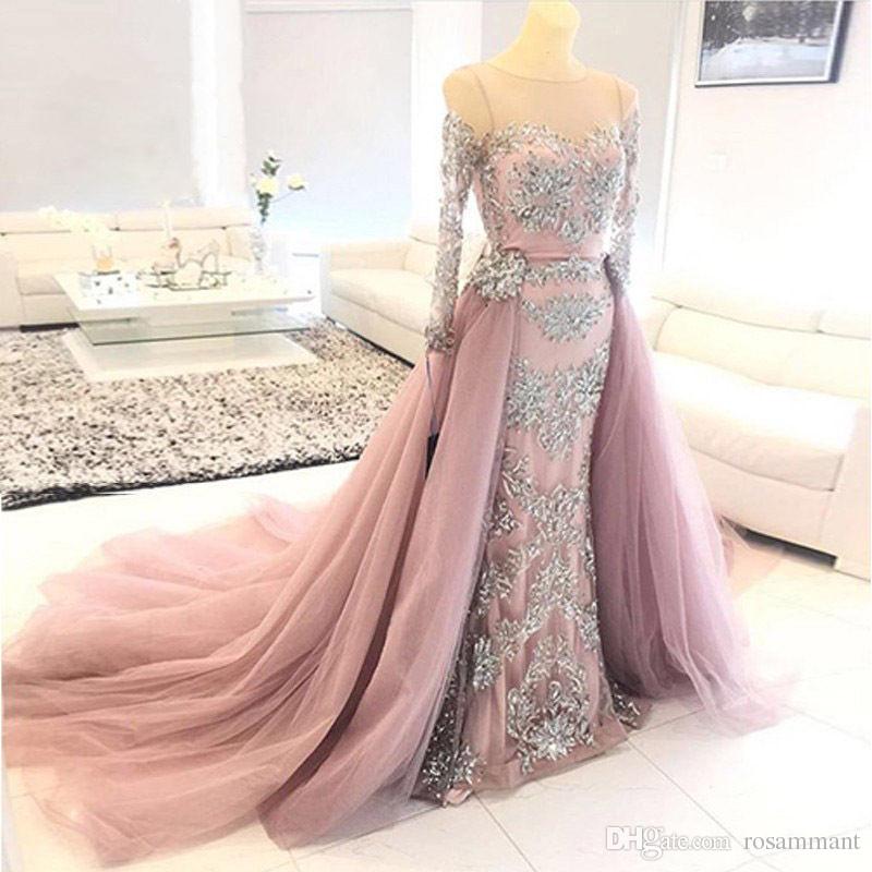 

Real Picture Mermaid Evening Dresses 2019 Long Sleeves Lace Tulle Islamic Dubai Arabic Elegant Prom Dress Detachable Train Party Gown, Royal blue