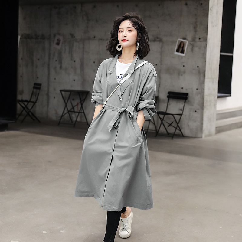 

Windbreaker Women' Casual Vacation 2020 Spring New Fashion All-match Mid-Length Lace-up Coat Windbreaker Coat Women, Gray